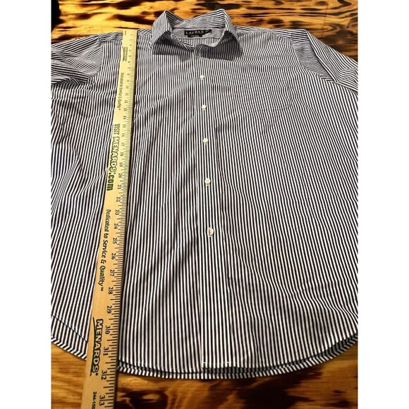 Lauren Ralph Lauren Navy Striped Button Down‎ No Iron Shirt Sz 17 1/2 34/35 Prep - Picture 8 of 12